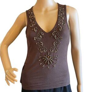 Brown Sleeveless V-Neck Womens Top With Beaded Embellishments